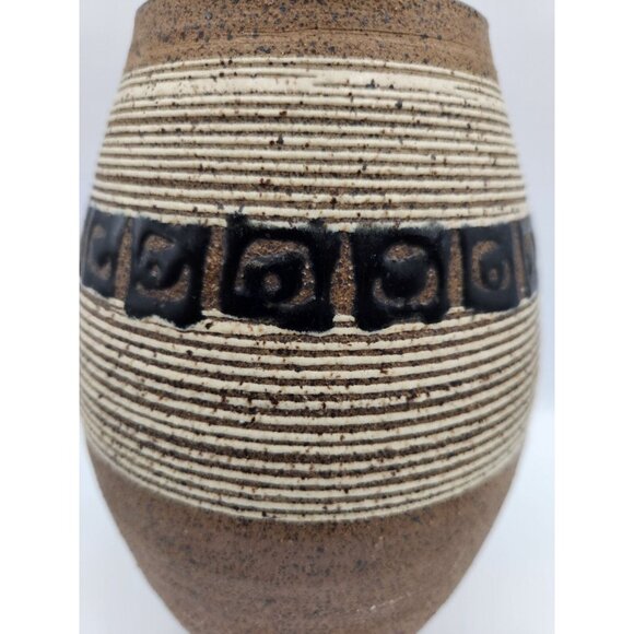 Black/Brown Speckled Striped Black Square Pattern Studio Pottery Vase Glazed - Picture 3 of 5